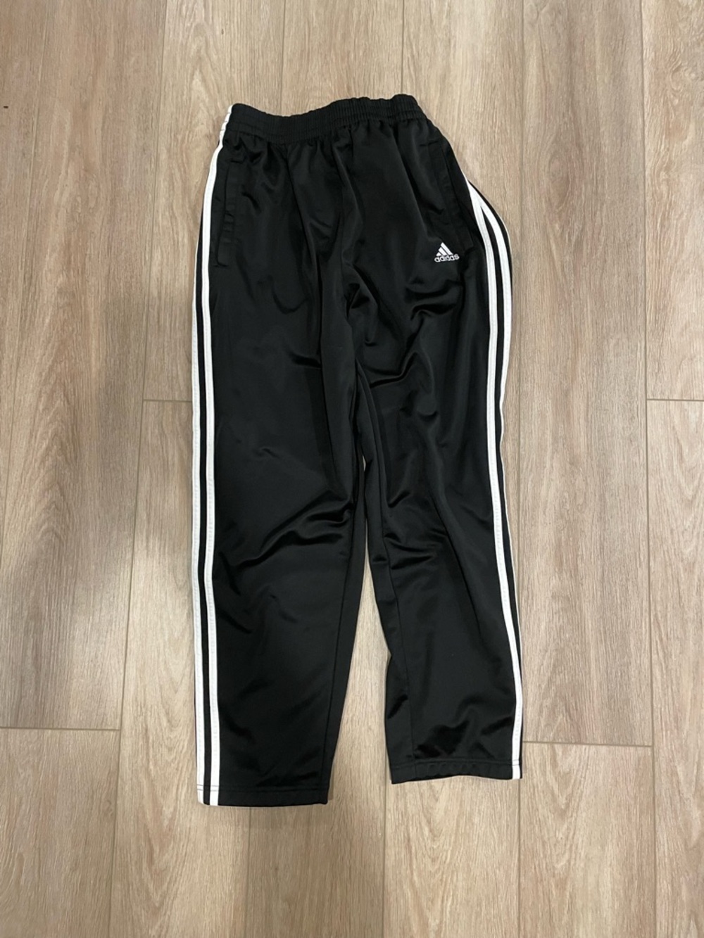 Adidas Black Joggers with White Snap Side Stripes Large